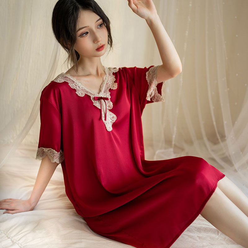 新款睡衣女夏季冰丝宽松大码欧韩版性感蕾短袖睡裙缎面家居服
