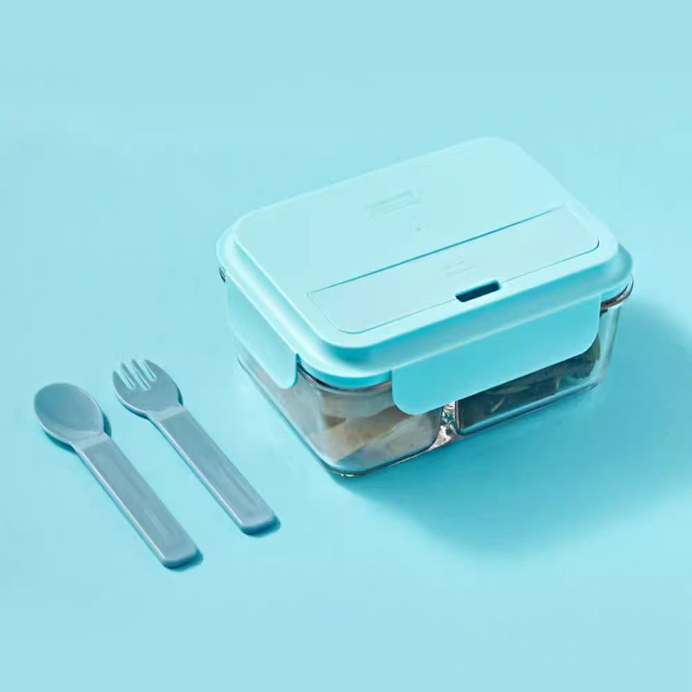 进口玻璃两分格饭盒餐具便当盒套装 微波加热带饭盒(蓝盖子)