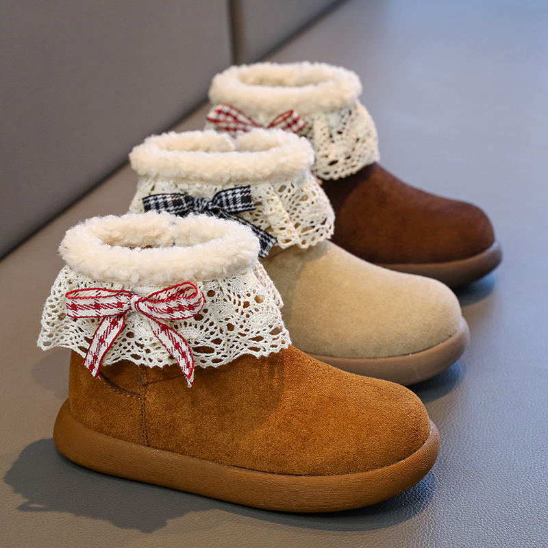 女童韩版棉靴2025冬季新款时尚蝴蝶结公主风加绒短靴宝宝勃肯靴子