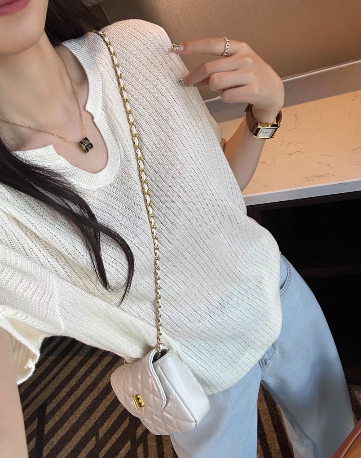 【欧琲】P-947#休闲百搭小V领设计感短袖