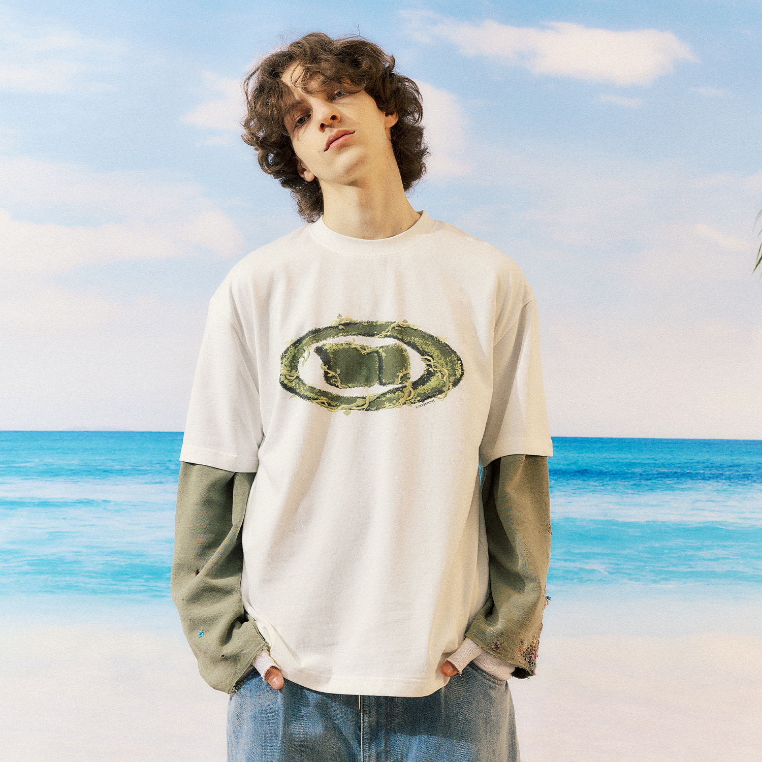 NORYBRAND 24SS简约撞色LOGO草绘藤蔓印花圆领短袖 百搭宽松T恤