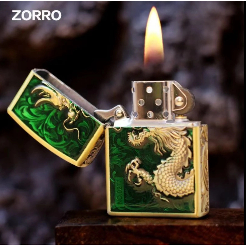 ZORRO【ZK43-1】ZORRO帝王绿霸王龙防风浮雕打火机-211火花优品