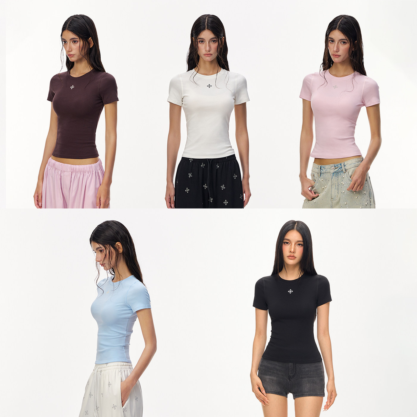 CLIMAX VISION轻薄裸感沙漏腰十字花基础百搭短款紧身显瘦短袖T恤