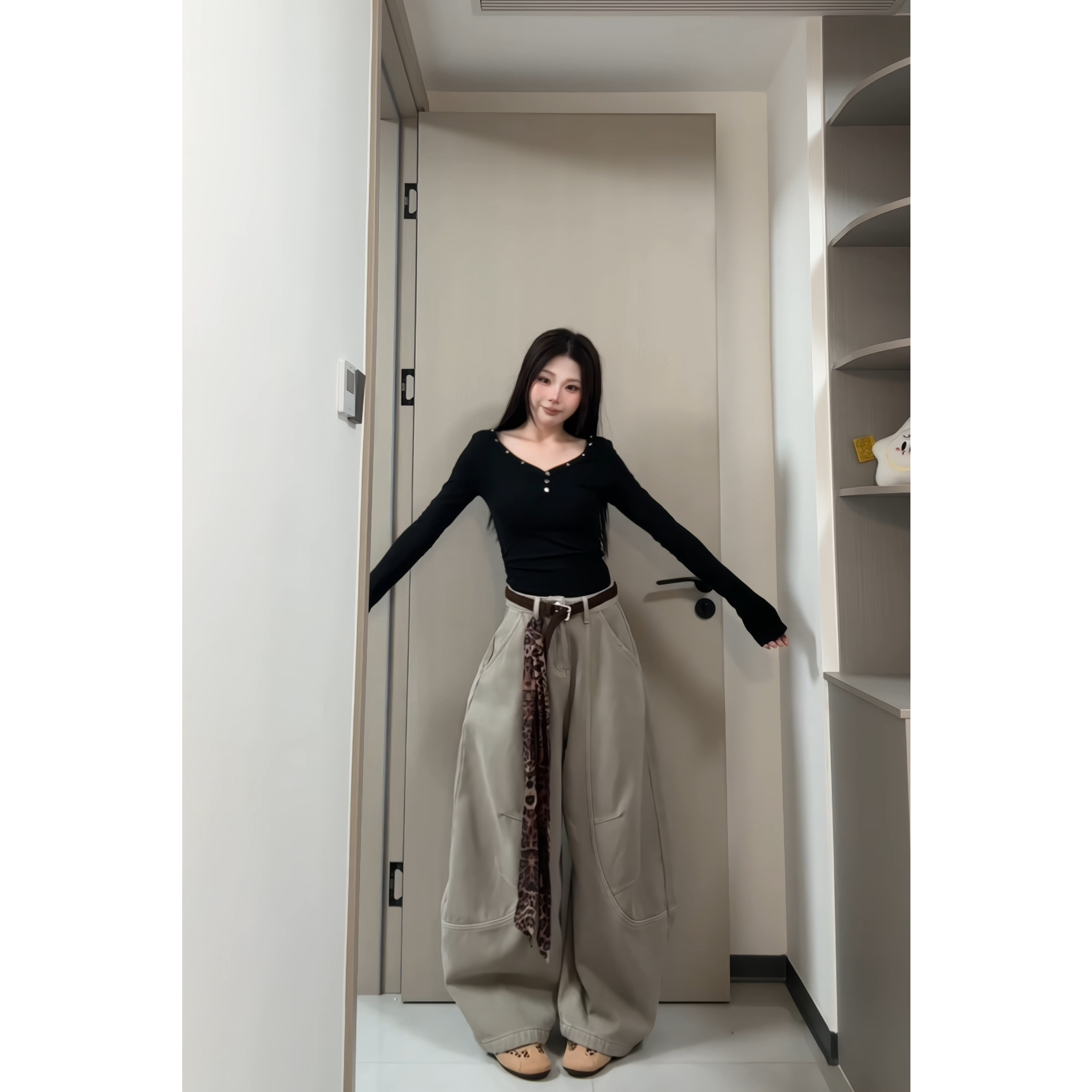 （送飘带）美式时尚个性百搭弯刀阔腿裤