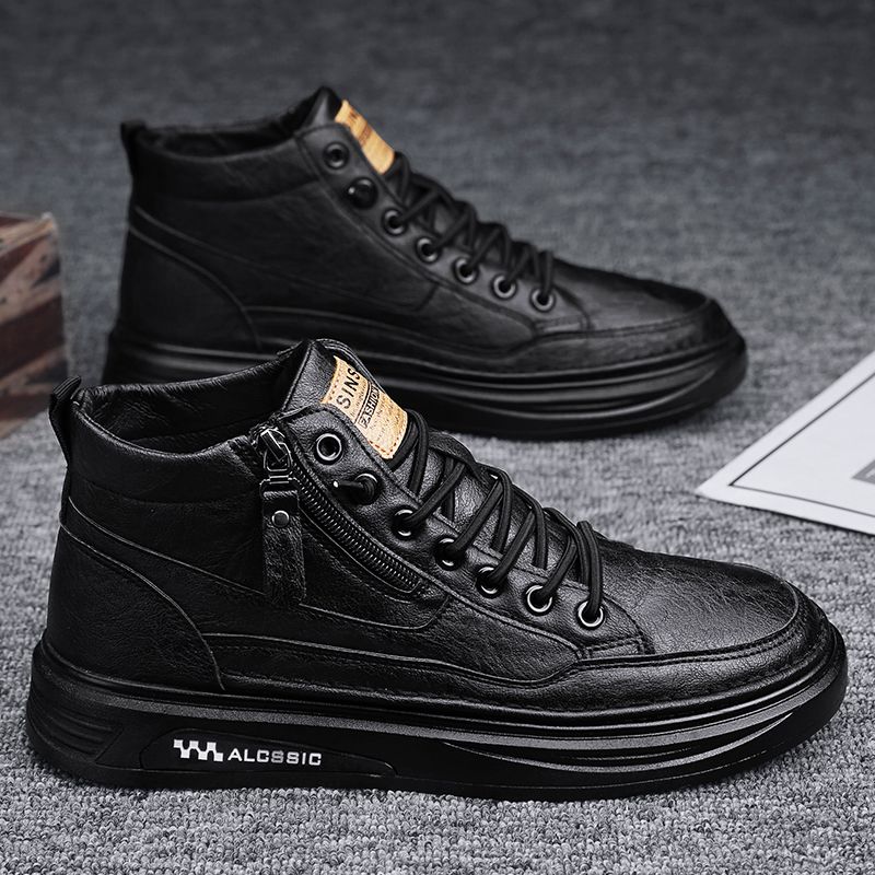 高帮男鞋休闲皮鞋男士黑色中帮板鞋防水马丁靴子潮