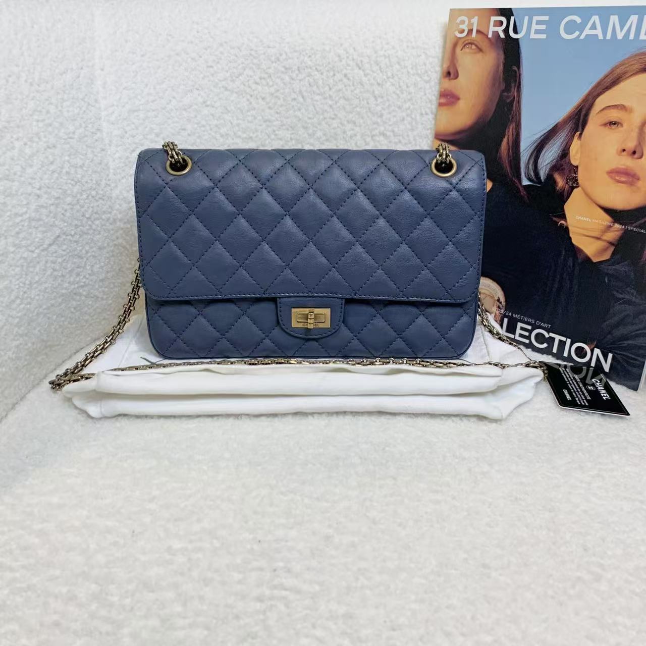 99新 Chanel/香奈儿 壹臻/23开 蓝金2.55大号斜挎包/24432339