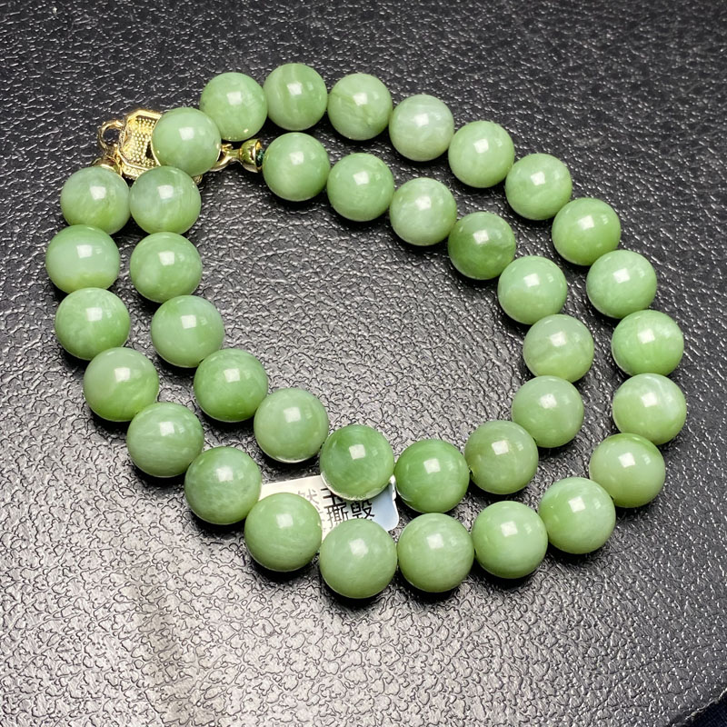 天然和田玉碧玉粉绿猫眼妈妈链14mm