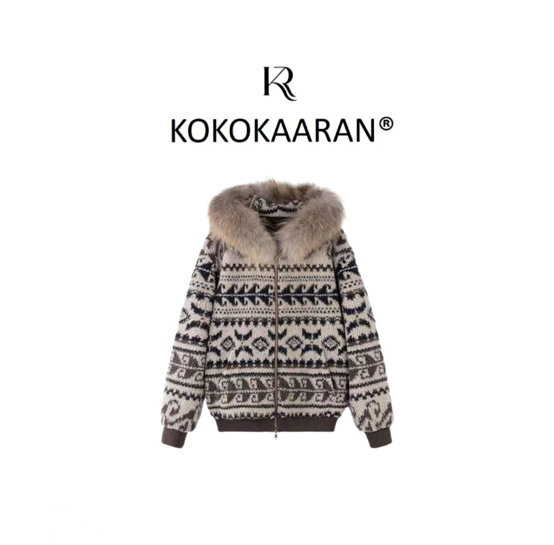 kokokaaran/可可咔伦费尔岛外套"毛领复古拉链温暖感外套SH250693