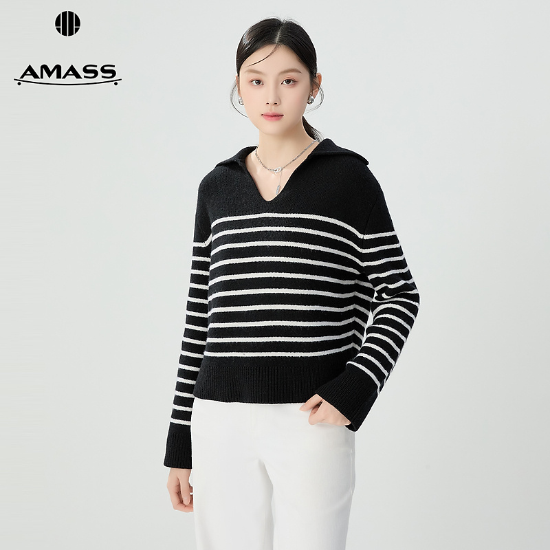 阿玛施AMASS新款经典时髦海军风条纹大翻领宽松廓形针织衫5399750
