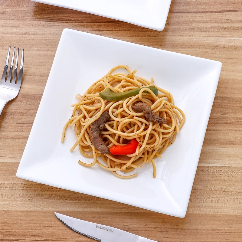 8英寸纯白陶瓷西餐盘牛排盘西餐意面甜品点心正方盘方形早餐盘