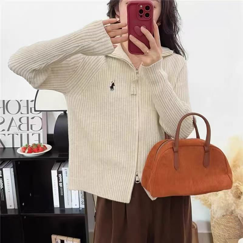 韩版竖条刺绣小马拉链长袖宽松百搭休闲针织开衫