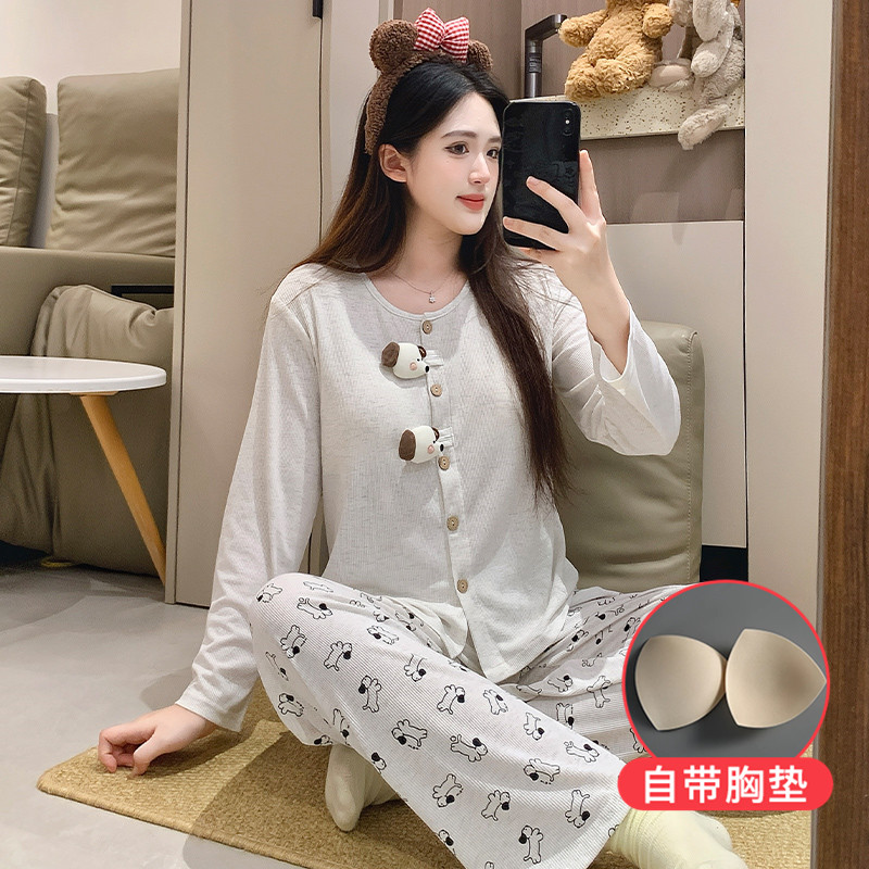 少女带胸垫睡衣2025新款长袖彩棉宽松卡通公仔学生宿舍家居服套装