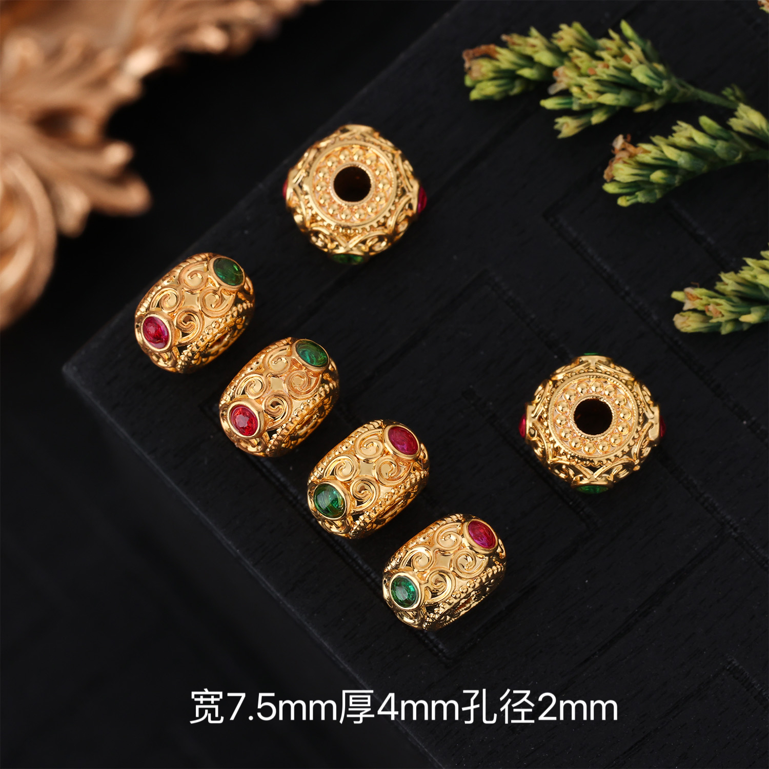 【来福工厂】18k金豪镶红蓝绿宝7.5mm如意大桶珠鼓珠DIY珠串配饰