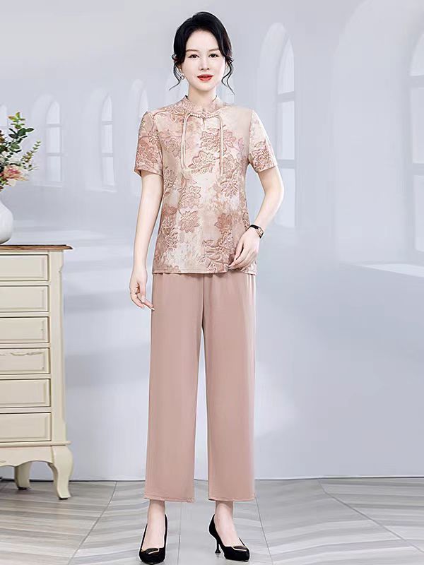 6165-新中式妈妈夏装气质洋气中老年女装夏季短袖T恤上衣小衫