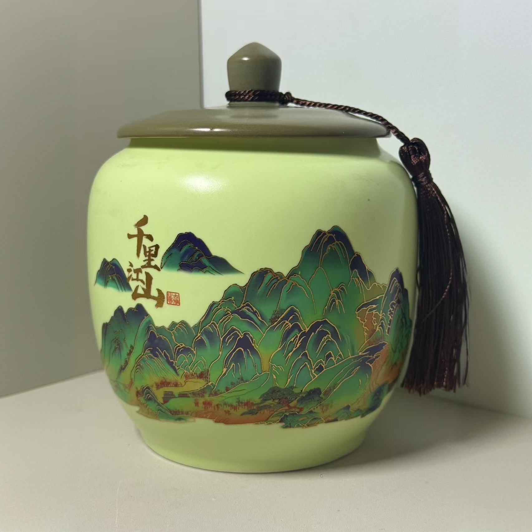 G3988-千里江山茶叶罐流苏手工高档绿色中式大号青瓷储存储茶罐