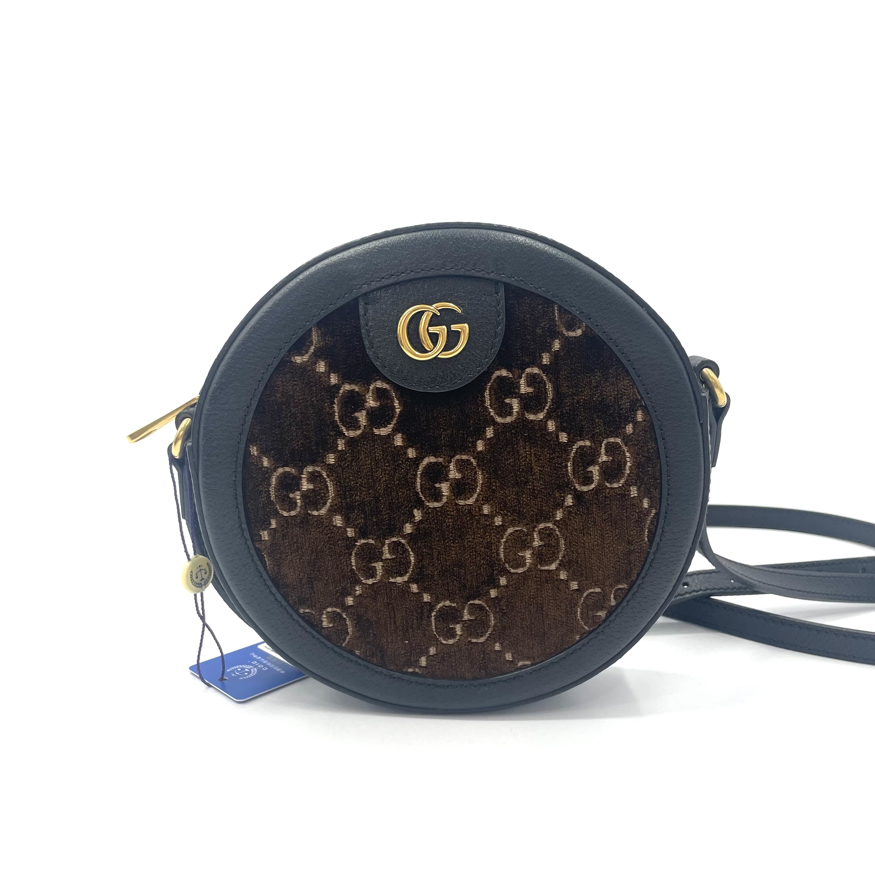 95新 GUCCI/古驰 98新 天鹅绒拼皮 圆饼包单肩斜挎包