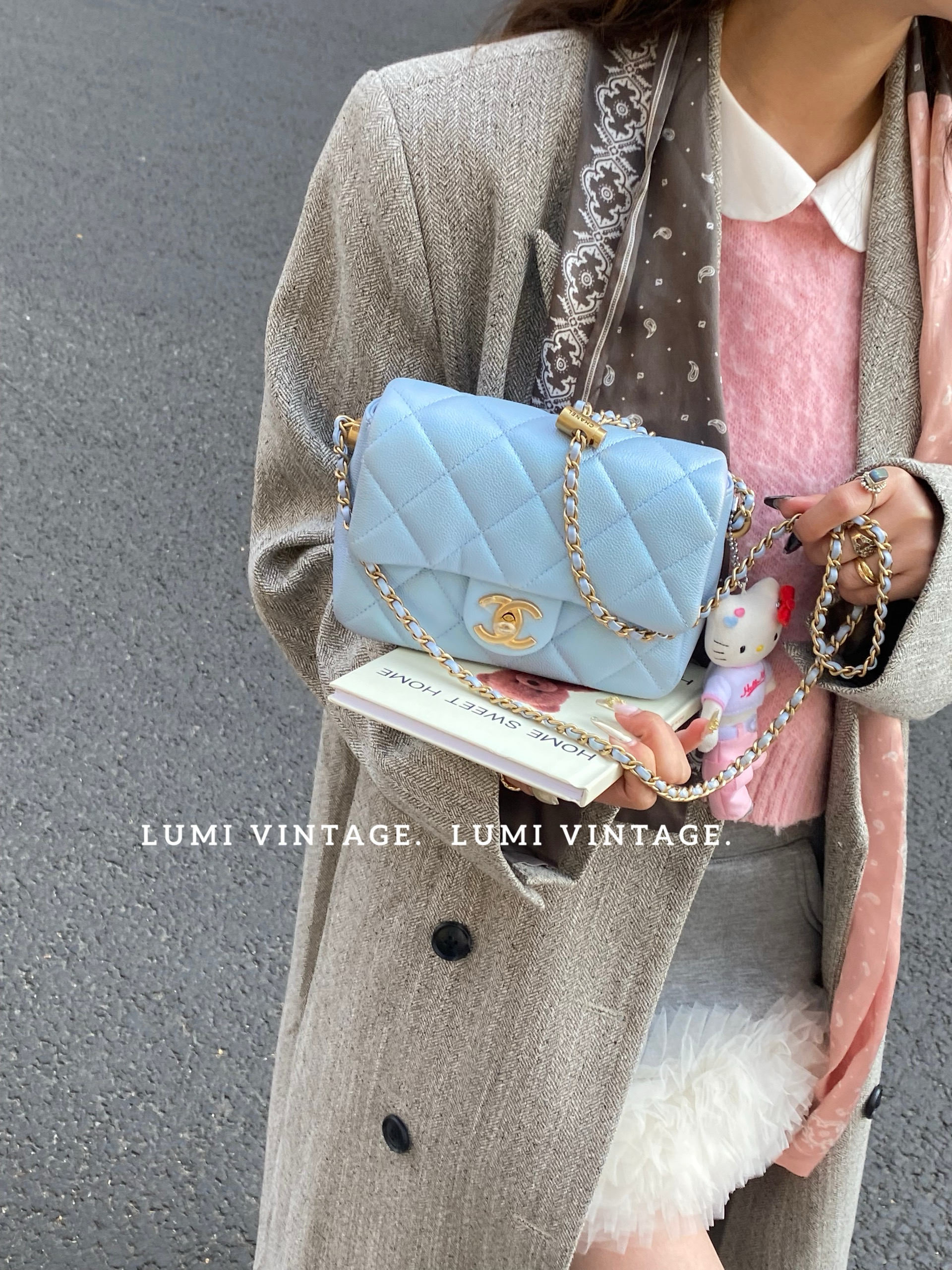 95新 Chanel/香奈儿 21k珠光蓝荔枝牛皮方胖子单肩包37510167