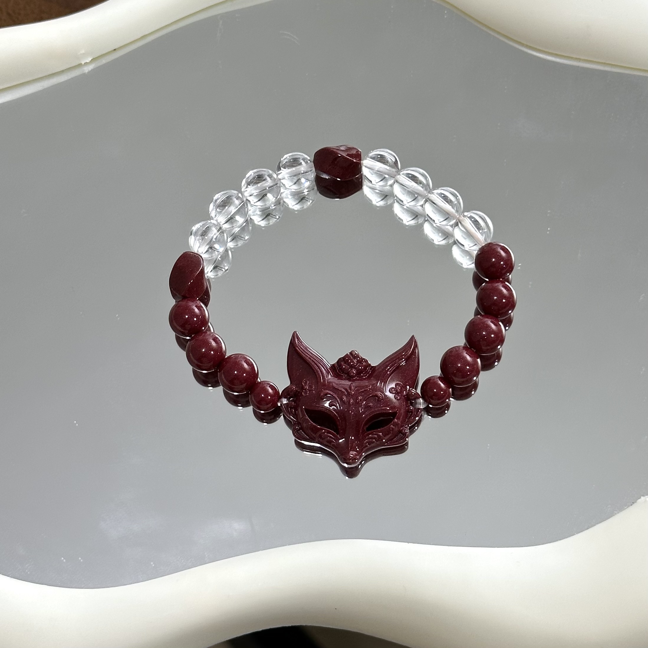 含辰砂工艺品天然紫金砂狐狸面具+紫金砂+白水晶手串 8mm