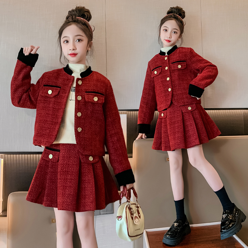 女童小香风套装冬装2026新款儿童小公主洋气过年红色裙子新年衣服