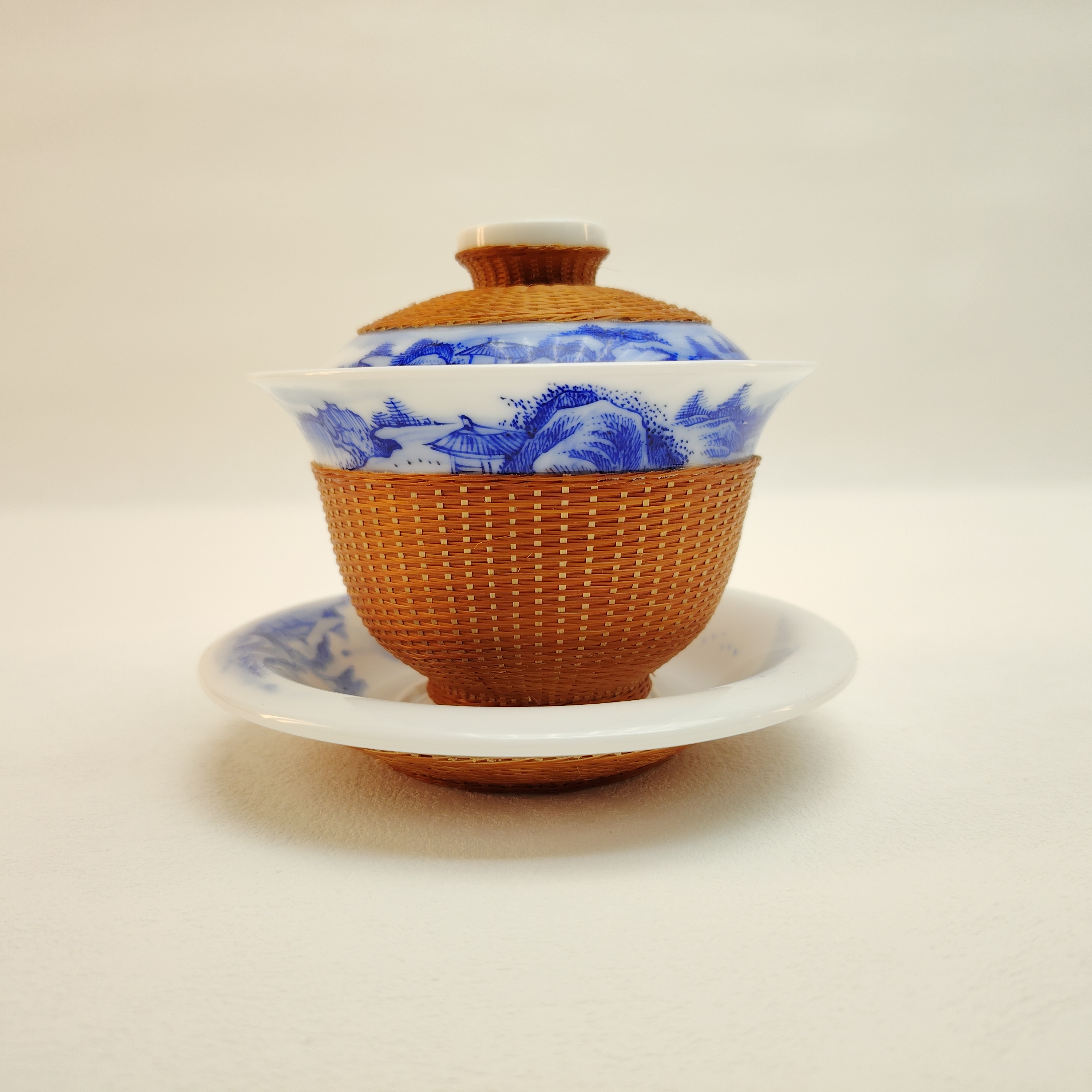 竹丝扣瓷手工编织山水青花盖碗高端茶具商务礼品高端定制非遗手工