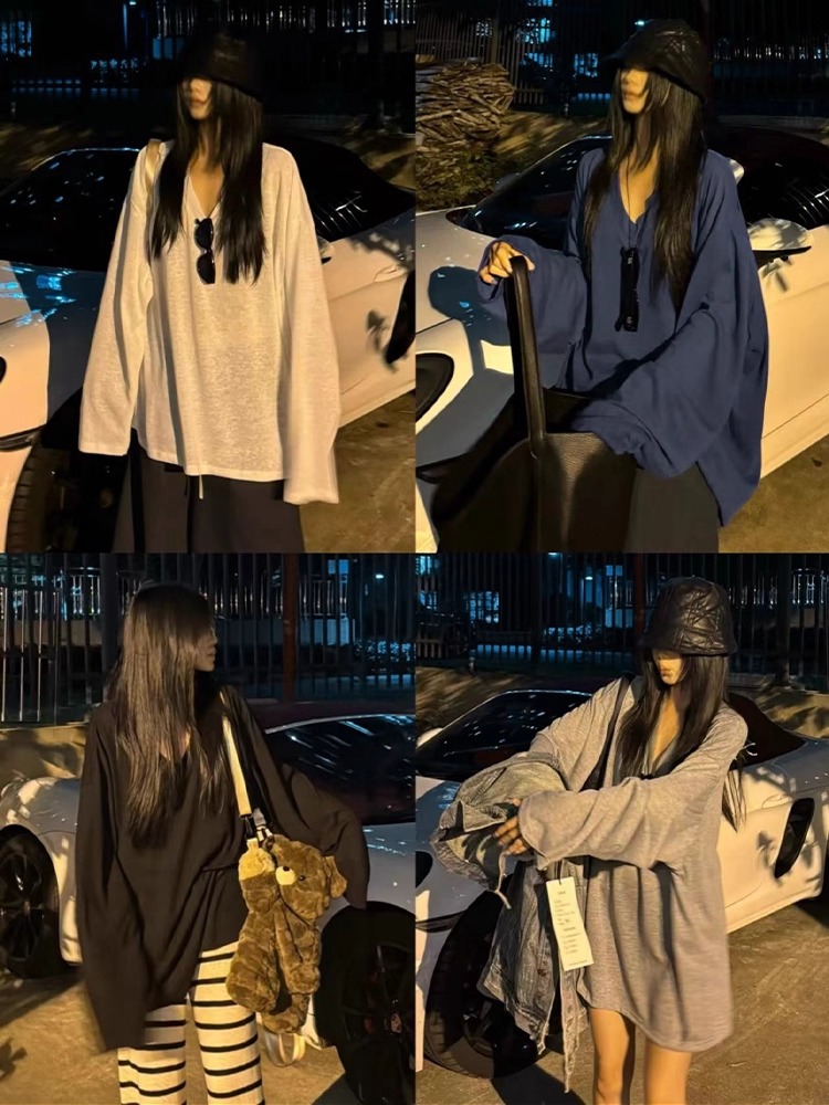 2025新款慵懒风V领防晒罩衫女夏季薄款宽松微透长袖t恤纯色上衣潮