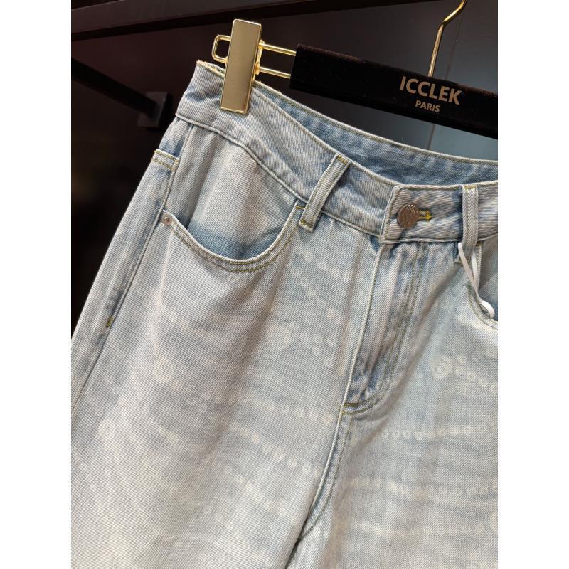 XY 浅蓝色高腰印花直筒百搭牛仔裤气质气质显瘦裤子 -1212