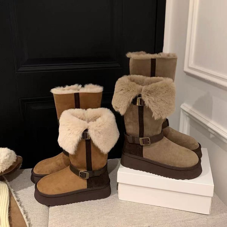 东北雪地靴女2025翻边厚底羊毛毛雪地靴女加绒冬季长筒靴子棉鞋女