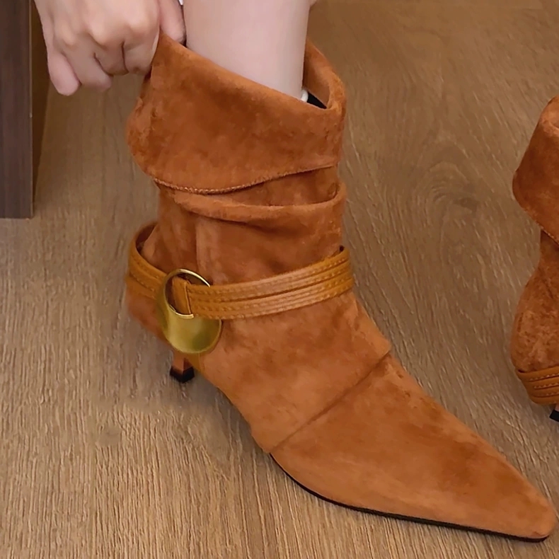 2025年新款复古磨砂绒面褶皱尖头低跟时装靴西部靴两穿辣妹风百搭