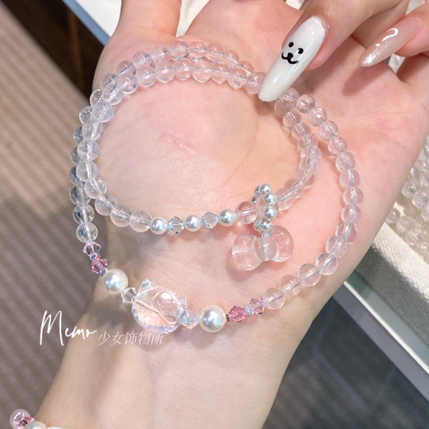 SC055 KT蝴蝶结粉水双圈手串 天然水晶默认微瑕
