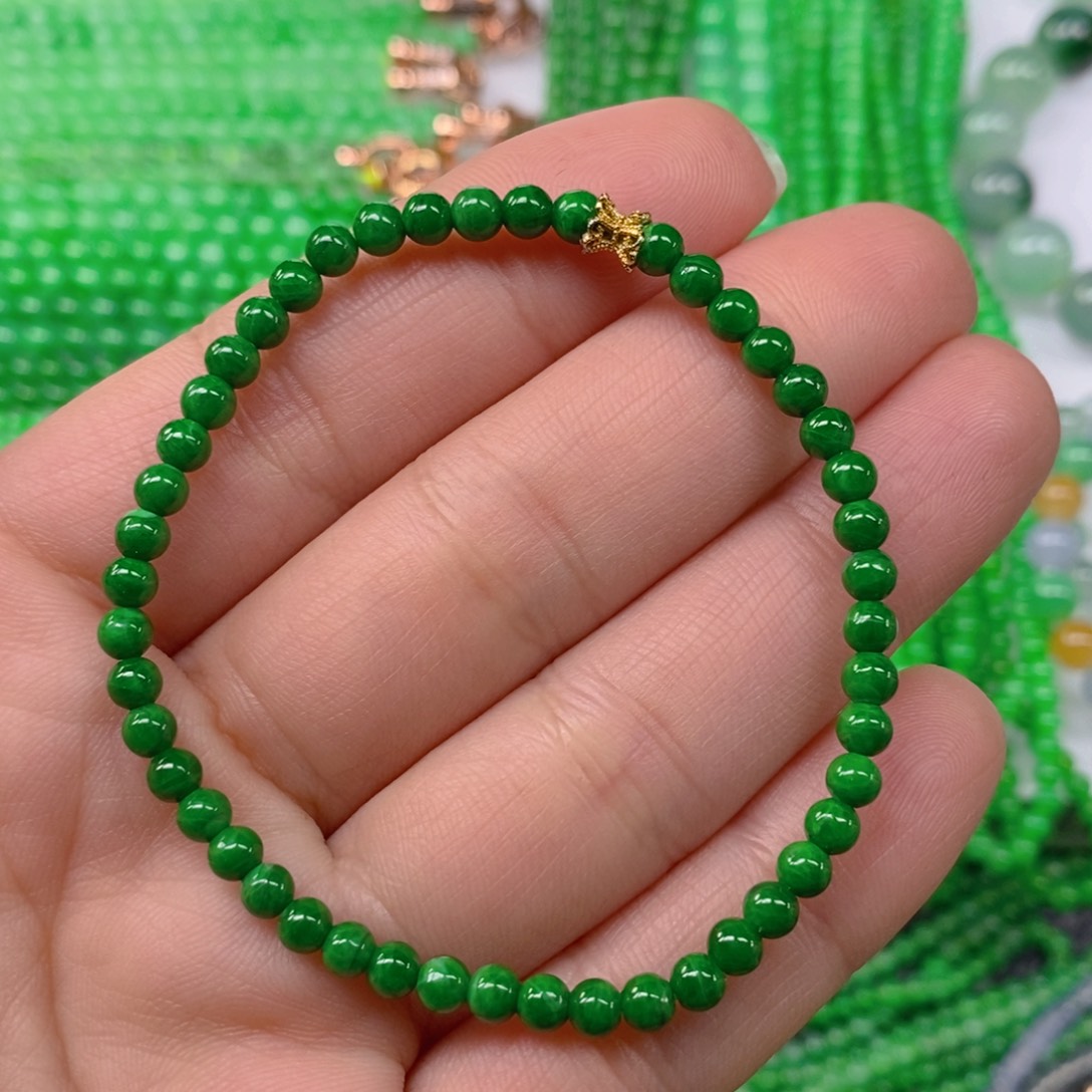 翡翠颈饰未镶嵌缅甸天然翡翠辣绿小米珠手链4m'm