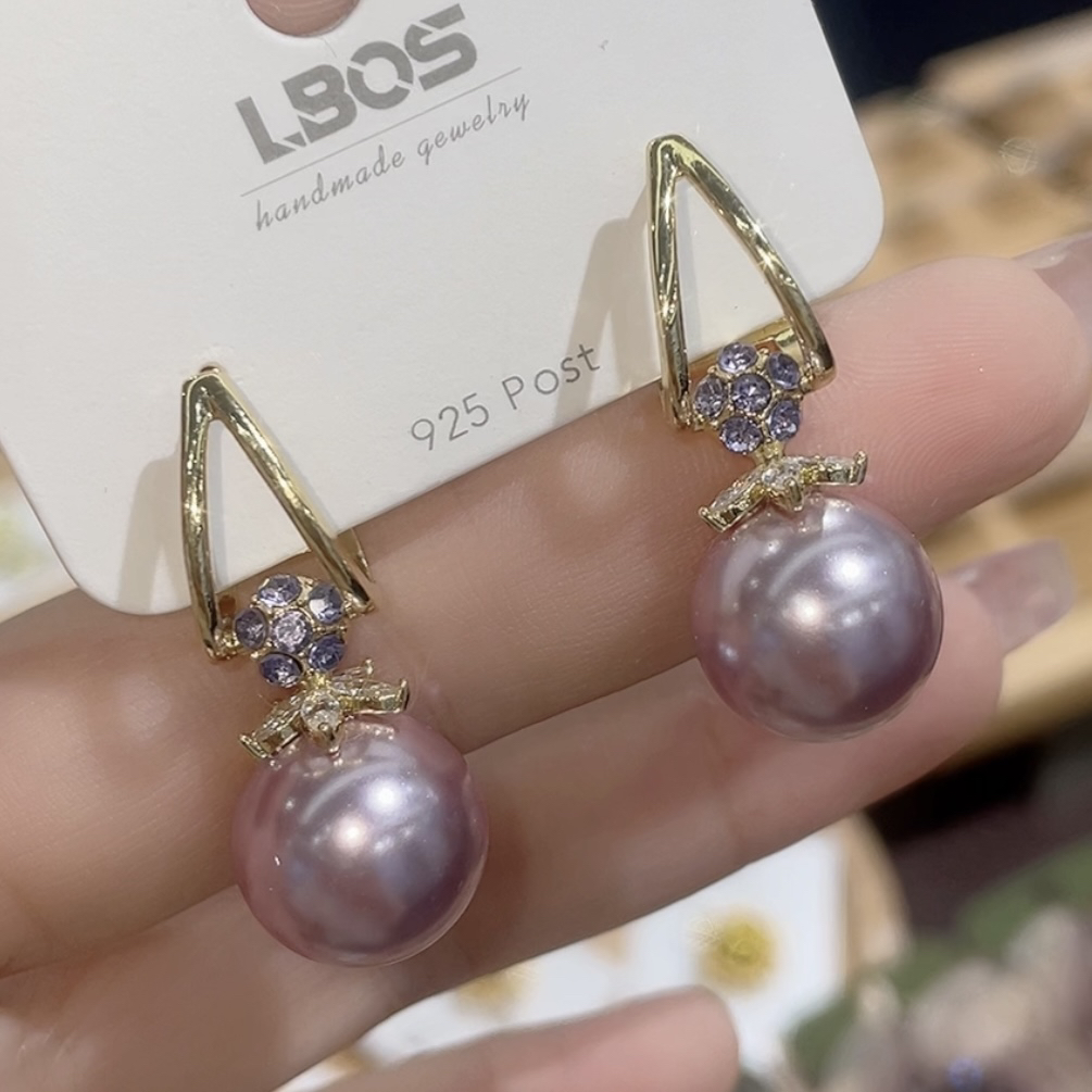 铜合金合成锆石耳饰 紫色珠珠耳环轻奢法式优雅气质百搭简约耳扣