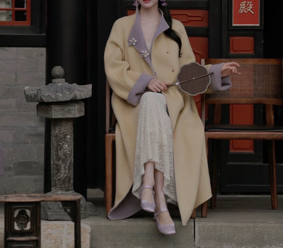 【紫云簪】手工坊-双色双面穿！100羊毛双面呢手工盘扣大衣时尚套装