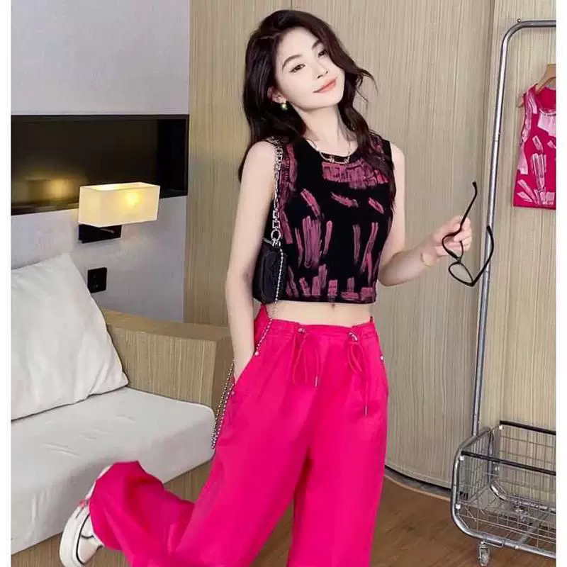 289#美式复古涂鸦无袖工字背心女夏季新款辣妹修身显瘦短款上衣