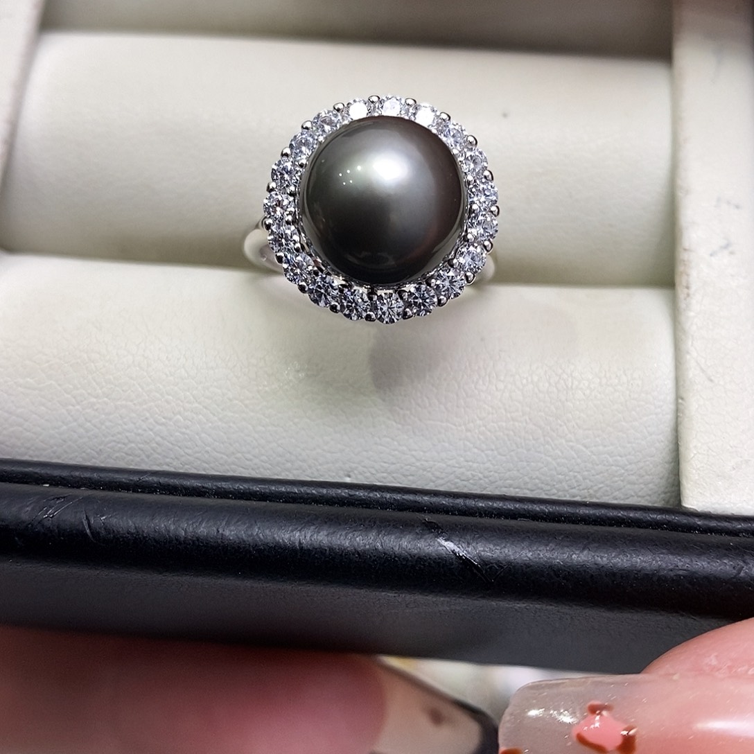 银S925镶嵌戒圈海水珍珠大溪地11mm