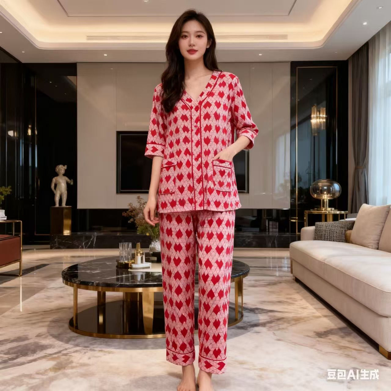 雅致内衣 | 女士春秋长袖桃心休闲高级感家居服睡衣套装