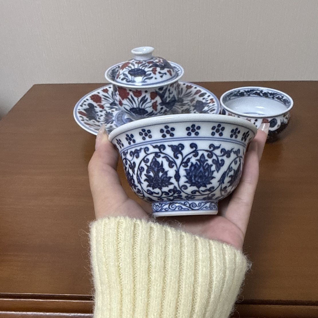 瓷华堂景德镇复古纯手工手绘青花缠枝压手杯陶瓷饮茶主人杯