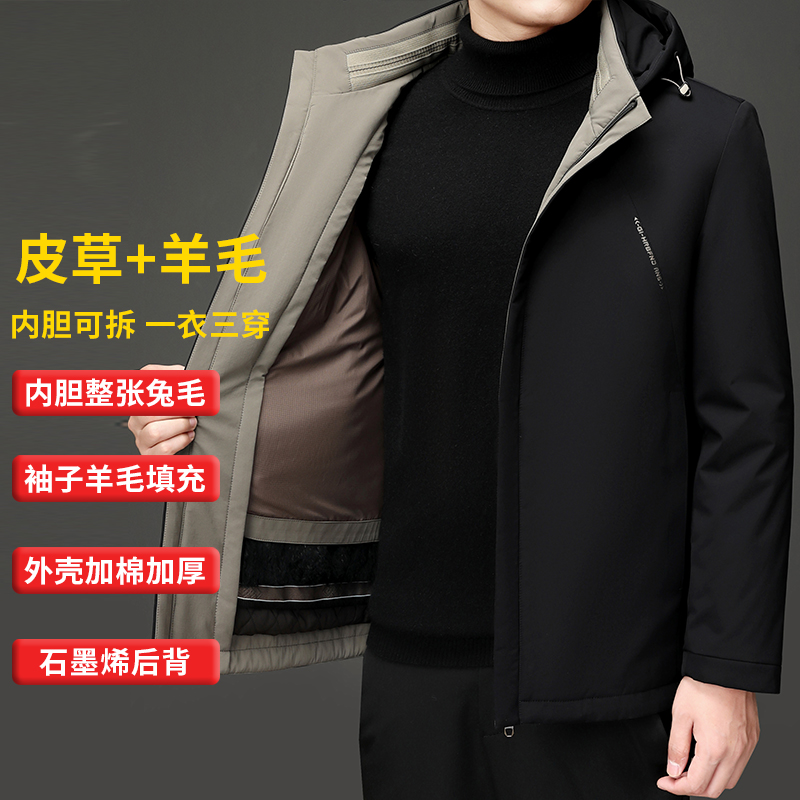 派克服羊毛男士冬季羊毛商务防风整张兔毛可脱卸冬季棉袄
