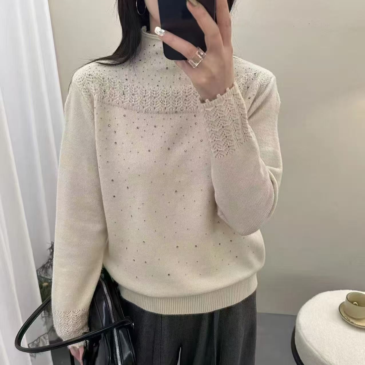 半高领打底衫女内搭2025秋冬新款烫钻宽松设计感时尚气质针织上衣