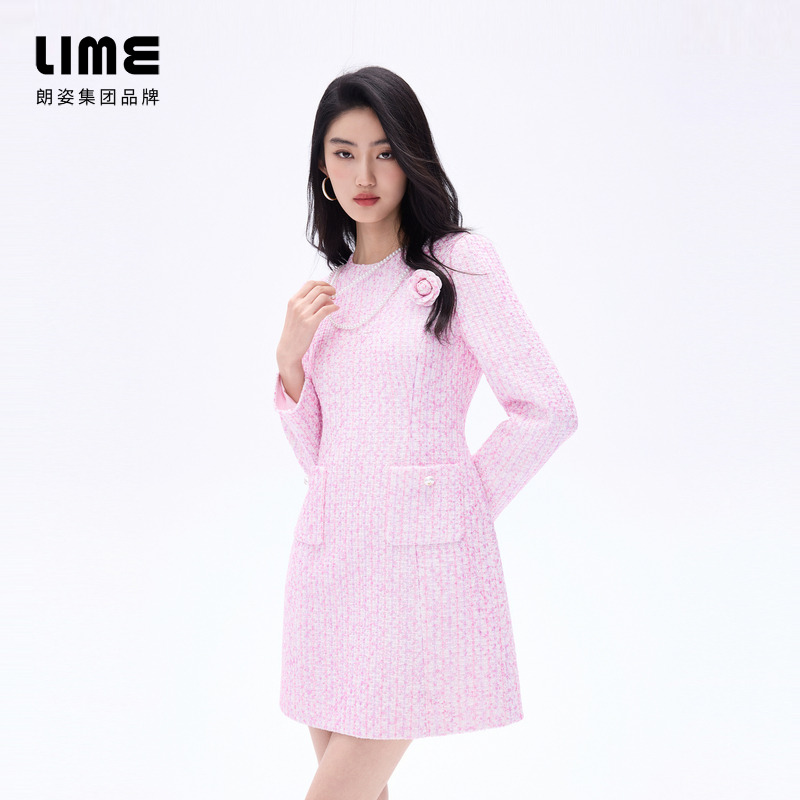 朗姿/莱茵【春绮漫舞】甜美优雅珠链粗花呢连衣裙淡粉LDHADACOP807