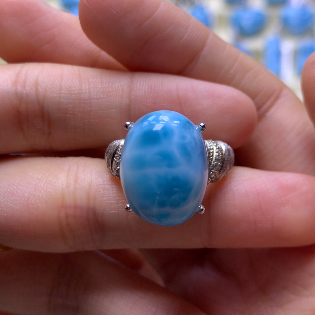 针钠钙石（海纹石）银S925镶嵌戒指蛋面戒指色差略异