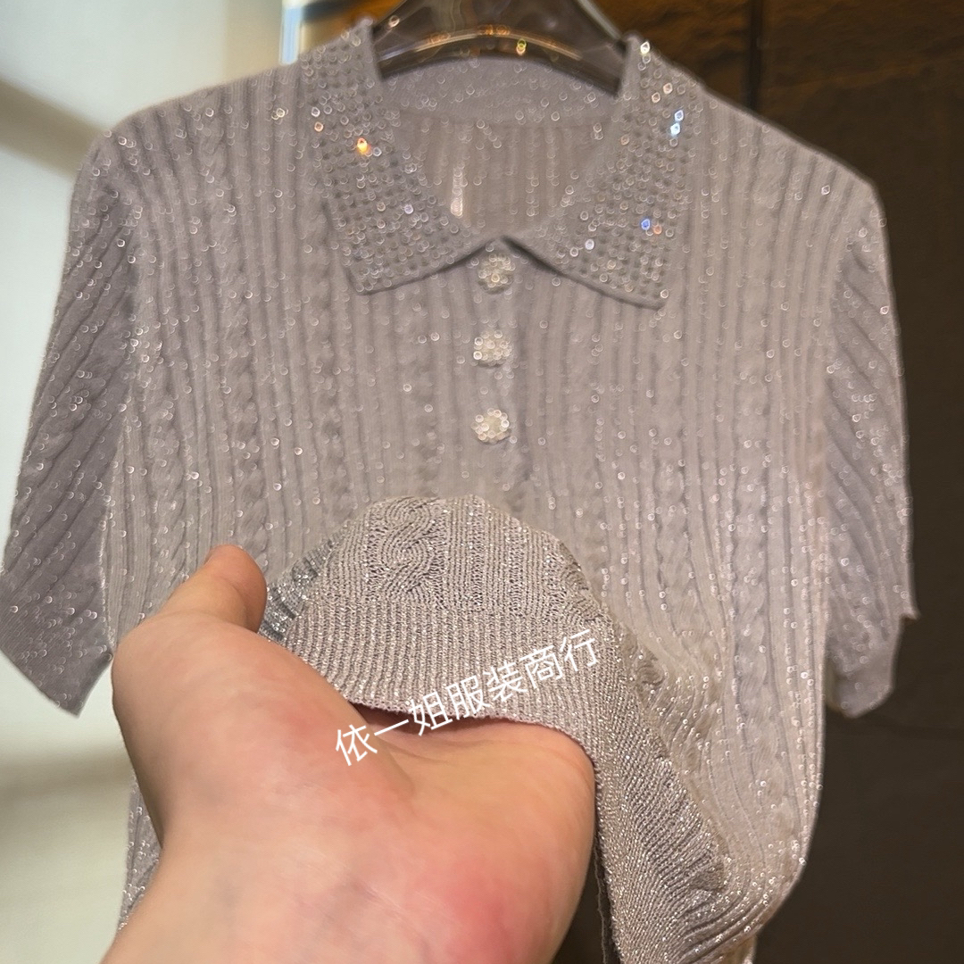 休闲女夏季针织衫设计师宽松翻领短袖烫钻进口水晶纱薄款女装