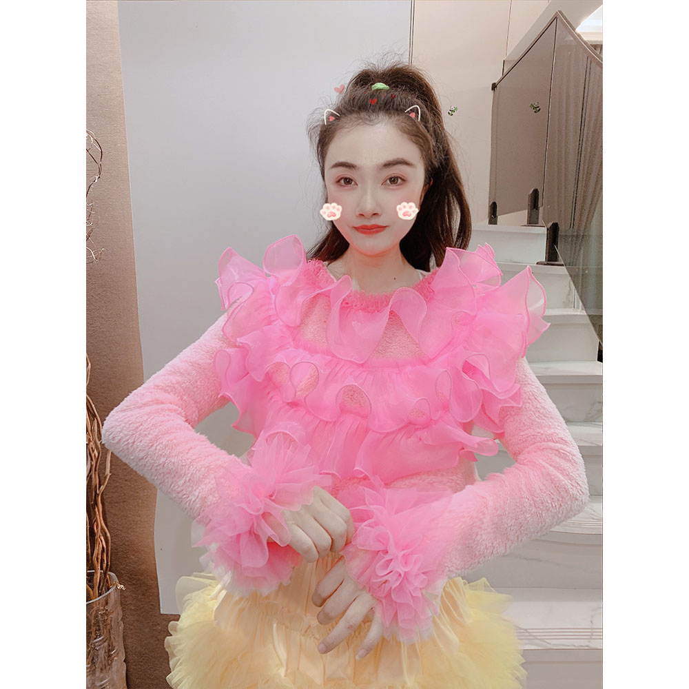 设计师款小众荷叶花边加厚加绒保暖打底针织衫女