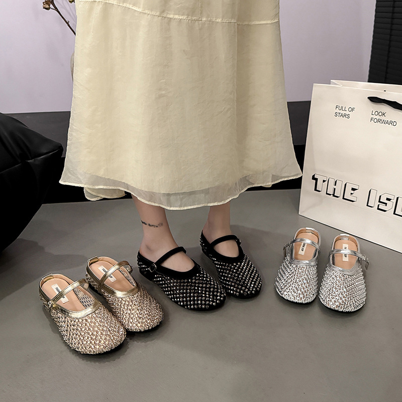 法式外穿一字带包头半拖鞋女2025年夏季新款镂空圆头平底浅口凉拖