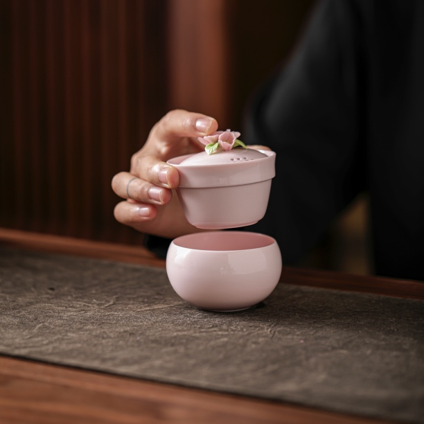 大润 粉瓷捏花一人饮旅行茶具孤独套餐