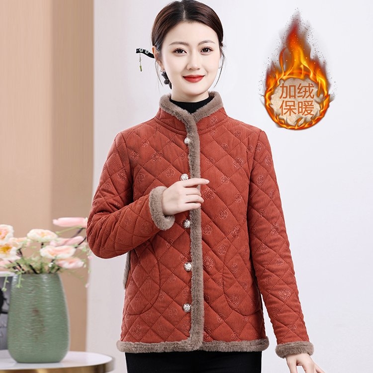 妈妈冬季加绒加厚立领中老年女装时尚保暖棉袄外套
