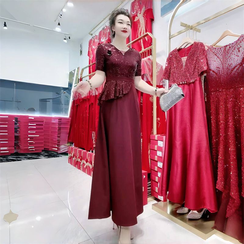 高端气质喜婆婆礼服妈妈装夏季短袖旗袍连衣裙洋气鱼尾晚礼服长裙