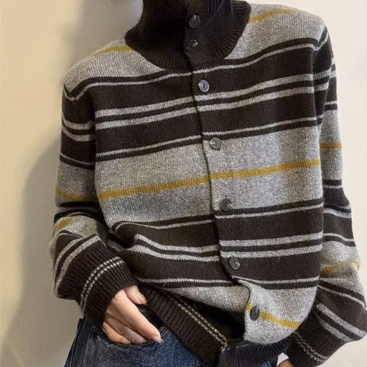 【高级感】条纹高领毛衣外套女新款秋冬加厚针织开衫软糯百搭上衣