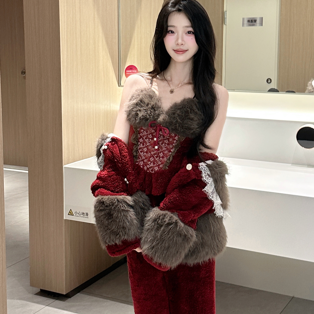 贺贺【一鹿生花】秋冬新款冬季女睡衣优雅韩系轻奢加厚家居服套装