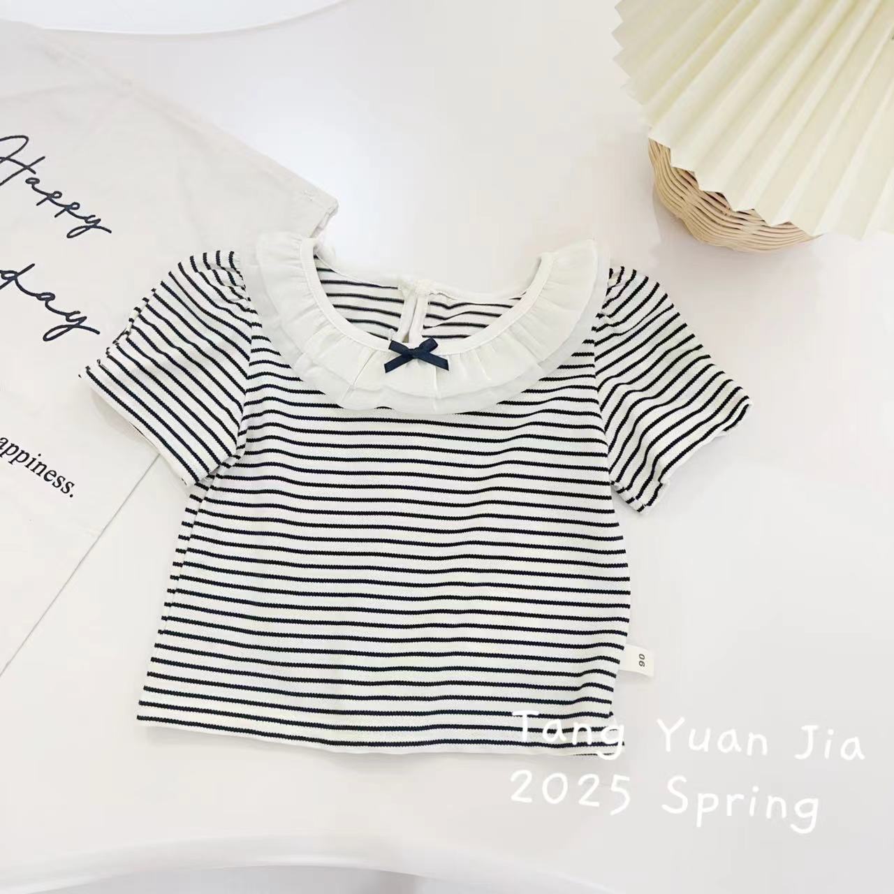 汤圆家童装2025夏季新款韩系甜美荷叶边条纹泡泡袖上衣 YA-1306
