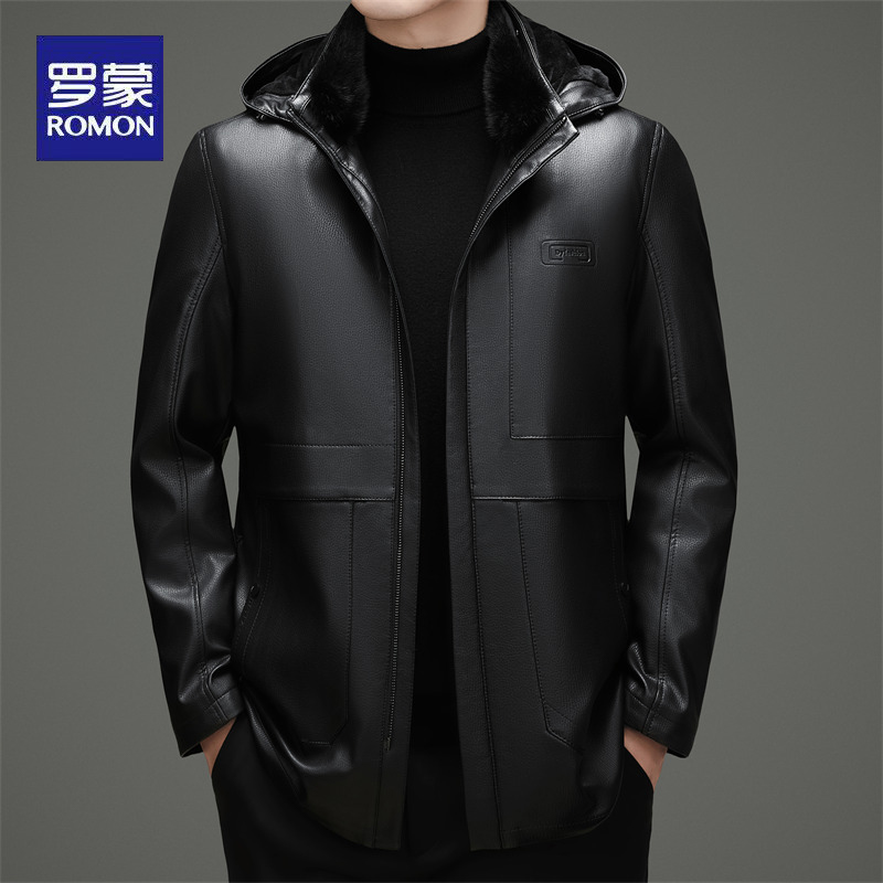 Romon/罗蒙男士加绒皮衣可脱卸帽可脱卸内胆中长款保暖好物